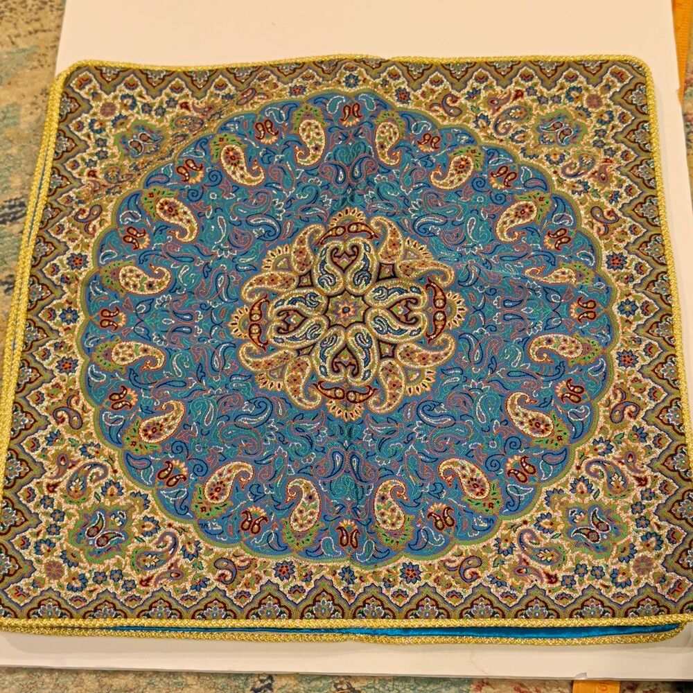 Blue Gold Beige Paisley Square Pillow Sham, Standard Square 18x18 set of two